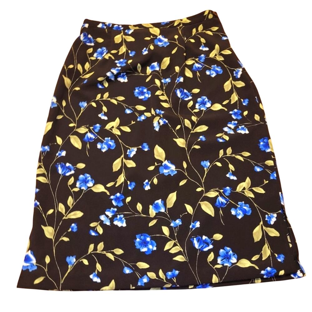 Vintage 90s Floral Print Skirt Cobalt Blue Black Green USA Made L Friends